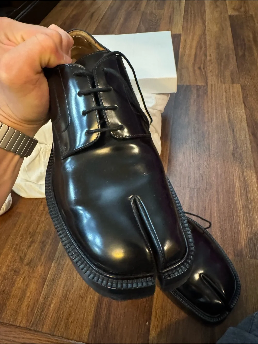 Maison Martin Margiela Black Split-Toe Leather Lace-Up Shoes